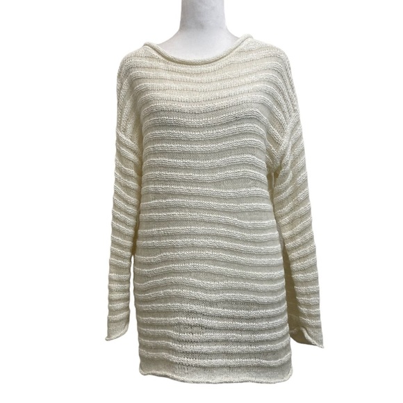 Theory White Alpaca Blend Long Boatneck Sheer Knit Striped Tunic Sweater - Picture 4 of 13